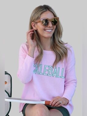 PINK PINEAPPLE Pickleball Pink Green Cotton Sweater Size S